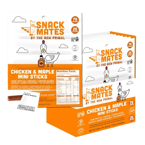 The New Primal Snack Mates - Palito de pollo y arce para niños, (paquete de 8) palito de carne de 0.5 onzas, bocadillo de pollo totalmente natural