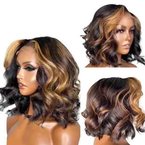 Miniatura 4 de Pelucas de cabello humano ondulado corto con reflejos #1B/27, pelucas de encaje HD, predepiladas, densidad del 150%, cuerpo corto, ondulado, 13x6