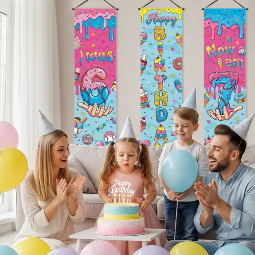 Miniatura 5 de Chiisong Cartel de fiesta de cumpleaños de 6 a 7 años, 3 piezas con temática de memes, carteles de cumpleaños de 7º porche, decoración de pared