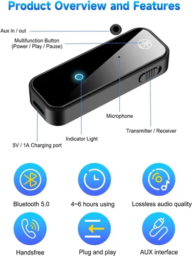Miniatura 6 de Receptor transmisor Bluetooth 5.3 2 en 1, adaptador de audio Bluetooth inalámbrico AUX para coche, TV, altavoz, sistema estéreo y auriculares