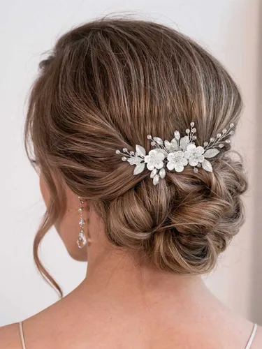 Catery Peine de pelo nupcial de flores Clip de pelo de boda Rhinestone Accesorios para el cabello para novias y mujeres (plata)