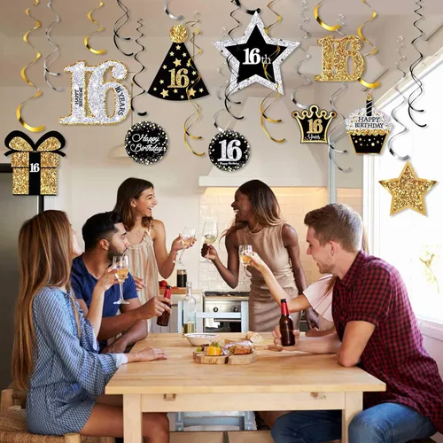 Miniatura 6 de Frienda 30 piezas de decoraciones de fiesta de cumpleaños número 16, tarjetas decorativas para fiestas de cumpleaños y remolinos colgantes