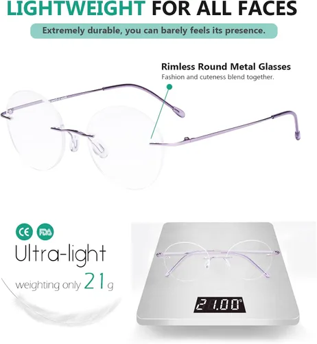 Miniatura 5 de Eyekepper Paquete de 3 lentes de lectura redondos de metal sin montura para mujeres y hombres, lectores circulares sin marco (azul/rojo/púrpura) +