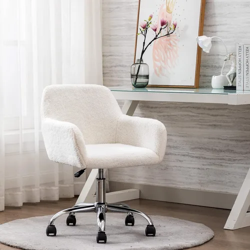Miniatura 15 de HomVent Silla de escritorio esponjosa de piel sintética rosa, silla giratoria ajustable para computadora con ruedas, altura ajustable, bonita silla