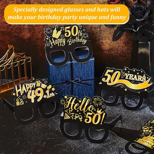 Miniatura 3 de 26 piezas de decoración de fiesta de cumpleaños número 50, kits de gafas y sombreros, gafas y sombreros de papel temáticos negros y dorados