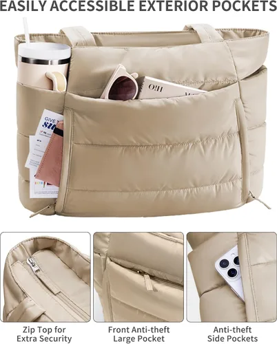 Miniatura 5 de Bolsa Tote Acolchada para Mujeres, Bolsa de Mano de Trabajo Ligera y Esponjosa para Maestras y Enfermeras, Bolsa de Hombro Acolchada para Escuela