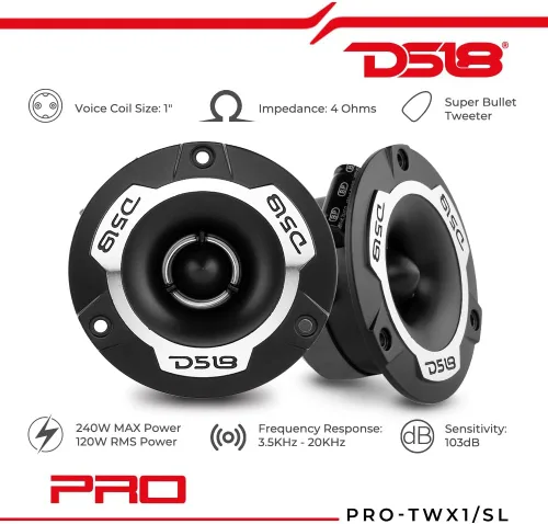 Miniatura 2 de DS18 PRO-TWX1 Super Tweeter en plata, marco y diafragma de aluminio de 1 pulgada, 240 W máximo, 4 ohmios, crossover integrado, mejor audio y voces
