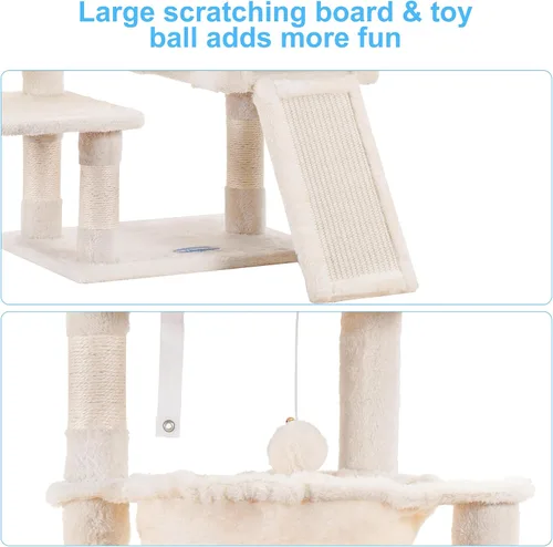 Miniatura 6 de Hey-brother Árbol para gatos, torre para gatos de interior, casa para gatos con cama acolchada grande, acogedor condominio, hamacas, postes Beige