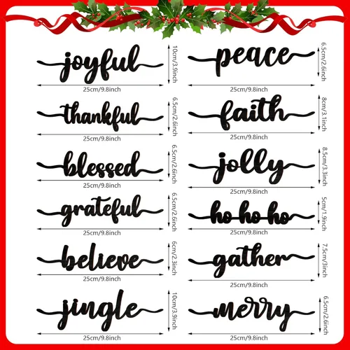 Miniatura 3 de 12 piezas de letreros de madera con palabras navideñas recortadas "Joyful Merry Thankful Grateful Blessed Peace Gather" para decoración de plato