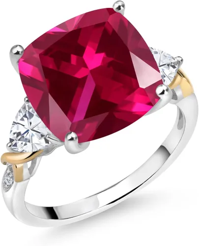 Miniatura 3 de Gem Stone King Anillo de plata 925 y amarillo rojo rubí creado moissanita y diamantes para mujer