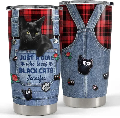 SANDJEST Vaso personalizado de gato negro con texto en inglés «Just A Girls Who Loves Cat», vasos de 20 onzas y 30 onzas con tapa, regalo para