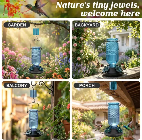 Miniatura 5 de FEED GARDEN Comedero de vidrio para colibríes para colgar al aire libre, comedero de colibríes de 16 onzas con 4 puertos de alimentación con Azul