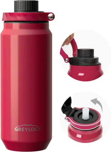 Miniatura 9 de GREYLOCK Botella de agua aislada de 24 onzas con tapa con popote, botella de acero inoxidable reutilizable a prueba de fugas, fría y caliente las 24