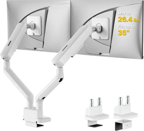 Miniatura 12 de monTEK Brazo de monitor dual con resorte mecánico para pantallas de 17 a 35 pulgadas, aluminio de grado aeroespacial, abrazadera en C y soporte
