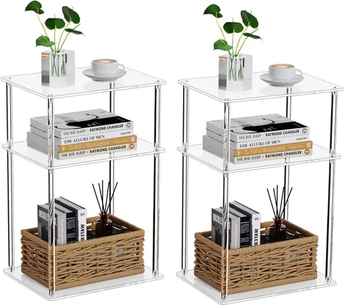 Mesa auxiliar de acrílico transparente, mesa auxiliar de 3 niveles para sala de estar, mesitas de noche pequeñas para dormitorio, juego de 2, mesa