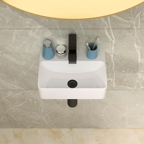 Miniatura 2 de Lordear Fregadero pequeño montado en la pared, fregadero de baño de esquina flotante para colgar en la pared, lavabo de cerámica blanca brillante
