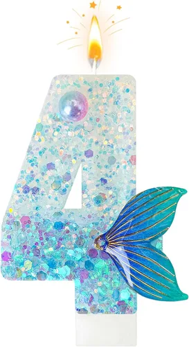 Miniatura 9 de Vela de sirena número 3, decoración de pastel de cola de sirena azul para decoración de fiesta de cumpleaños y aniversario de niñas (número 3)
