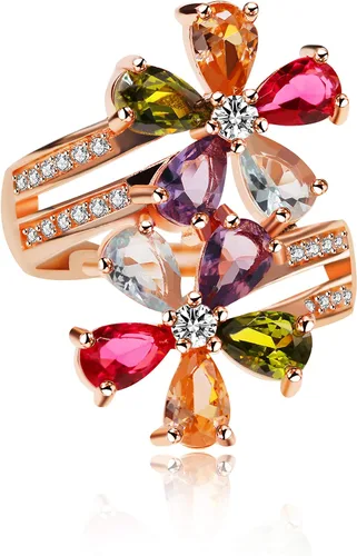 Uloveido Anillos de turmalina creados con corte de pera multicolor para mujer, chapado en oro rosa, flor de octubre, piedra natal de octubre,