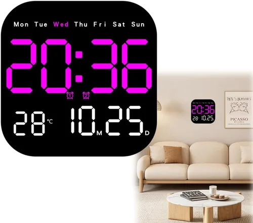 Miniatura 11 de Reloj de pared digital con pantalla grande 2026 Reloj despertador LED con control remoto, temperatura, día calendario, brillo regulable