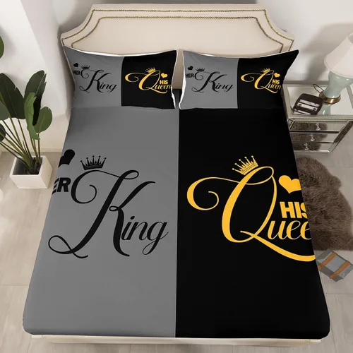 Miniatura 9 de Sábana bajera ajustable King Crown vintage negro y gris, sábanas románticas para el día de San Valentín, tamaño individual para mujeres, regalos