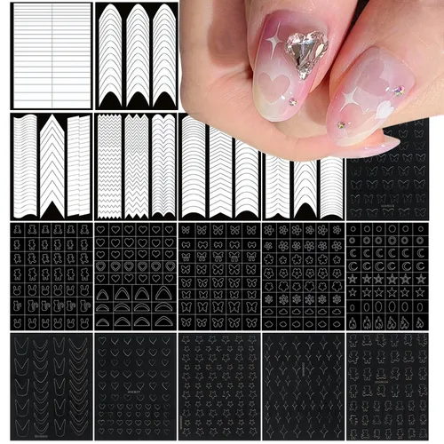 Miniatura 9 de 6 hojas de calcomanías de arte de uñas en relieve dorado 5D, marco geométrico irregular, diseño de calcomanías huecas para uñas, autoadhesivas