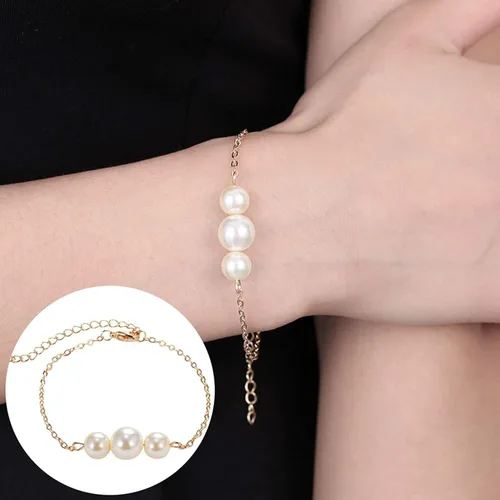 Miniatura 3 de Pulseras brazalete, moda mujer brillante imitación perla encanto pulsera cadena ajustable brazalete joyería - oro, Bambú