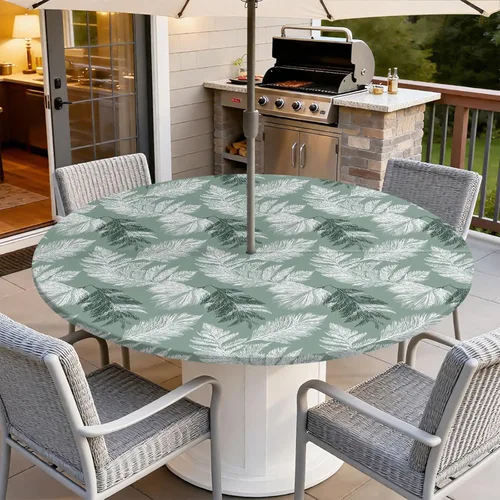 Miniatura 7 de Mantel para exteriores con agujero para sombrilla y cremallera, impermeable, redondo, ajustable con borde elástico, mantel lavable para mesa al aire