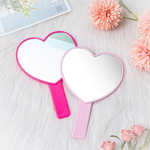 Miniatura 6 de Espejo de mano de maquillaje en forma de corazón, espejo de mano de viaje, espejo cosmético personal portátil con asa (rosa)