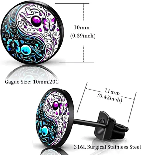 Miniatura 3 de YCL&TXL Juego de 6 pares de aretes de acero inoxidable con patrón Yin y Yang para hombre, redondos, color negro, 0.394 in, Acero inoxidable, No es