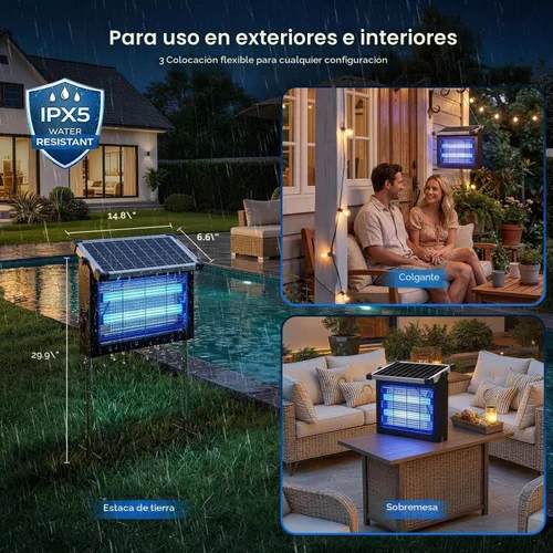 Miniatura 7 de Extractor de Insectos Solar para Exteriores, Jinyeda Mata Mosquitos Recargable 4500V con Batería de 4000mAh, Panel Solar Desmontable, Mata Mosquitos