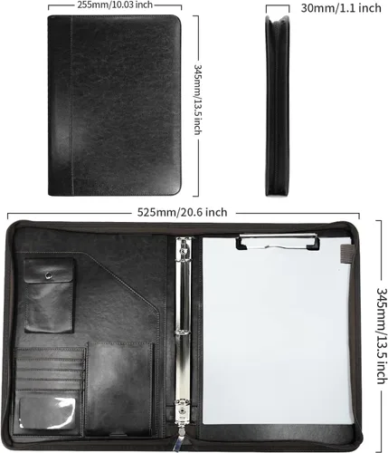 Miniatura 5 de Organizador de Portafolio con Cremallera, WRIYES Portafolio de Cuero con Carpeta de 3 Anillas, Carpeta Profesional de Negocios, Organizador