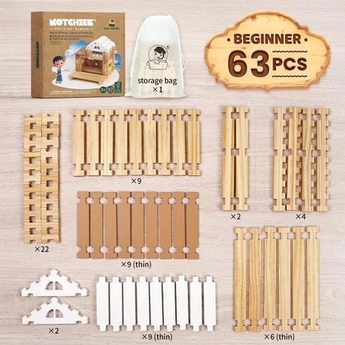 Miniatura 2 de Jovi-mindly &Notchies - Juego de 63 bloques de madera para principiantes, juguetes de aprendizaje preescolar, bloques de madera para niños a partir