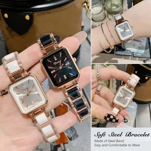 Miniatura 3 de RORIOS Reloj analógico de cuarzo para mujer, con correa de cerámica, reloj de pulsera cuadrado impermeable para mujeres y mujeres