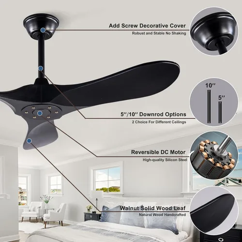 Miniatura 2 de Ventilador de techo de 42 pulgadas de madera maciza con control remoto, ventilador de techo negro sin luz, 6 velocidades, silencioso, motor CC
