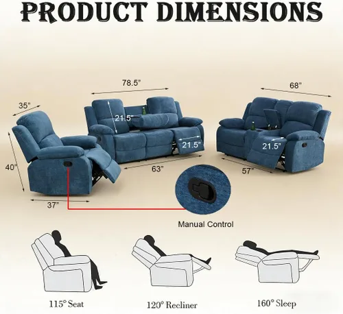 Miniatura 2 de Juego de sofá reclinable manual, juego de sofá reclinable de microfibra, juego de muebles modernos para sala de estar, sofá reclinable para sala