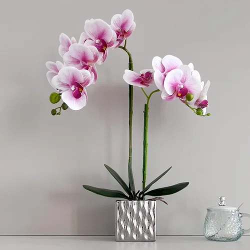 Miniatura 13 de Orquídeas artificiales Floreros de plata, orquídeas artificiales, orquídea naranja, altura 20 pulgadas