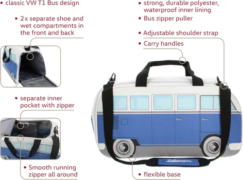 Miniatura 19 de BRISA VW Collection - Volkswagen Samba Bus T1 Camper Van Sport, gimnasio, bolsa de viaje, bolsa de lona con compartimento para zapatos y artículos