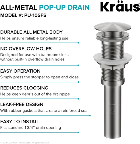 Miniatura 5 de Kraus Tapón de drenaje desplegable para lavabo de baño sin desbordamiento en acero inoxidable sin manchas, PU-10SFS