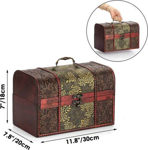 Miniatura 2 de ELLDOO Caja de cofre del tesoro vintage, caja de recuerdos pirata para regalos de niños, caja de almacenamiento de tesoros de madera, caja