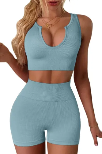 Miniatura 3 de QINSEN Conjuntos de entrenamiento sin costuras para mujer, brasier deportivo acanalado de cintura alta, pantalones cortos para correr, gimnasio