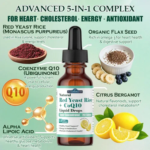 Miniatura 3 de Arroz de levadura roja liposomal con gotas líquidas Coq10, 5 en 1 extra fuerte 1200 mg de colesterol y apoyo cardíaco con ácido alfa lipoico
