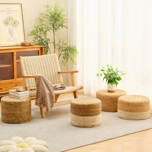 Miniatura 2 de Wimarsbon Puf redondo otomano, reposapiés tejido a mano natural, puf rústico de salón, taburete bohemio Pous, mesa decorativa o asiento