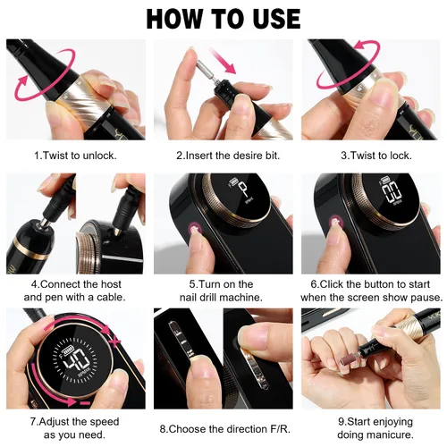 Miniatura 8 de YOKE FELLOW Taladro de uñas – 40000 RPM lima de uñas eléctrica para uñas acrílicas profesional con 12 brocas de manicura, pedicura, pulido de uñas