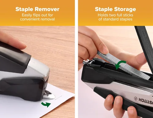 Miniatura 5 de Bostitch Office InPower Engrapadora de escritorio ecológica, tecnología de un dedo, sin atascos, incluye 210 grapas, color negro (1100)