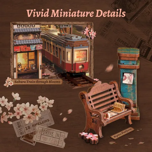 Miniatura 5 de FUNPOLA Kit de rincón de lectura del tren Sakura – Rompecabezas de madera 3D con LED y espejo infinito – Decoración de estantería DIY, manualidad