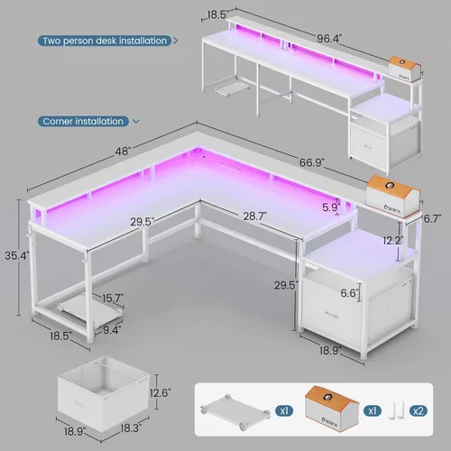 Miniatura 2 de SEDETA - Escritorio gaming en L, para oficina, casa, de 66 pulgadas, con cajón para archivos, toma de corriente, luces LED, repisa para monitor