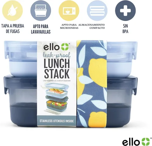 Miniatura 3 de Ello Juego de 2 contenedores de almacenamiento de alimentos de plástico para lonchera, tipo Bento, con tapas de plástico herméticas, a prueba