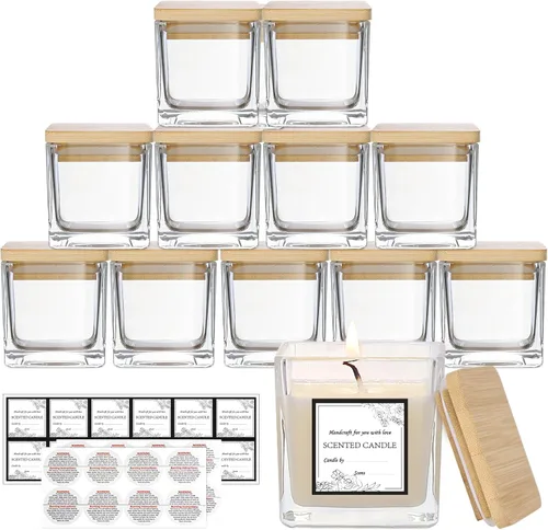 CONNOO Paquete de 12 tarros de vela cuadrados transparentes de 9 onzas para hacer velas, recipientes vacíos de vidrio grueso a granel con tapas
