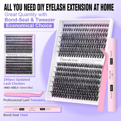 Miniatura 2 de Pawotence Kit de extensiones de pestañas individuales 40D 50D, kit de extensiones de pestañas de 0.315-0.630 pulgadas con unión y sello de pestañas