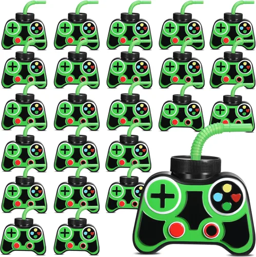 Miniatura 13 de Mifoci 24 vasos de plástico para fiestas de videojuegos con pajita y tapa, tazas de 10 onzas con temática de cumpleaños para jugadores, 7º recuerdos